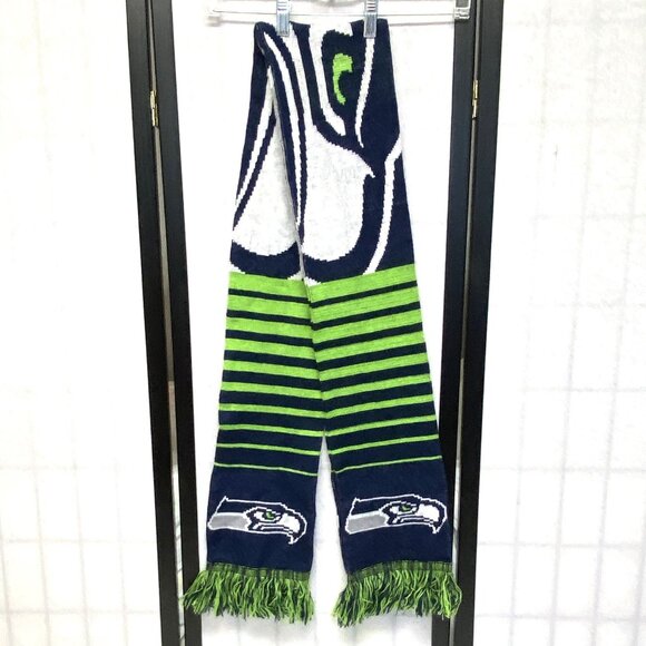 NFL Seattle Seahawks Double Side Stripe Sea Hawk Design Wrap Fringed Knit Scarf - Picture 2 of 5